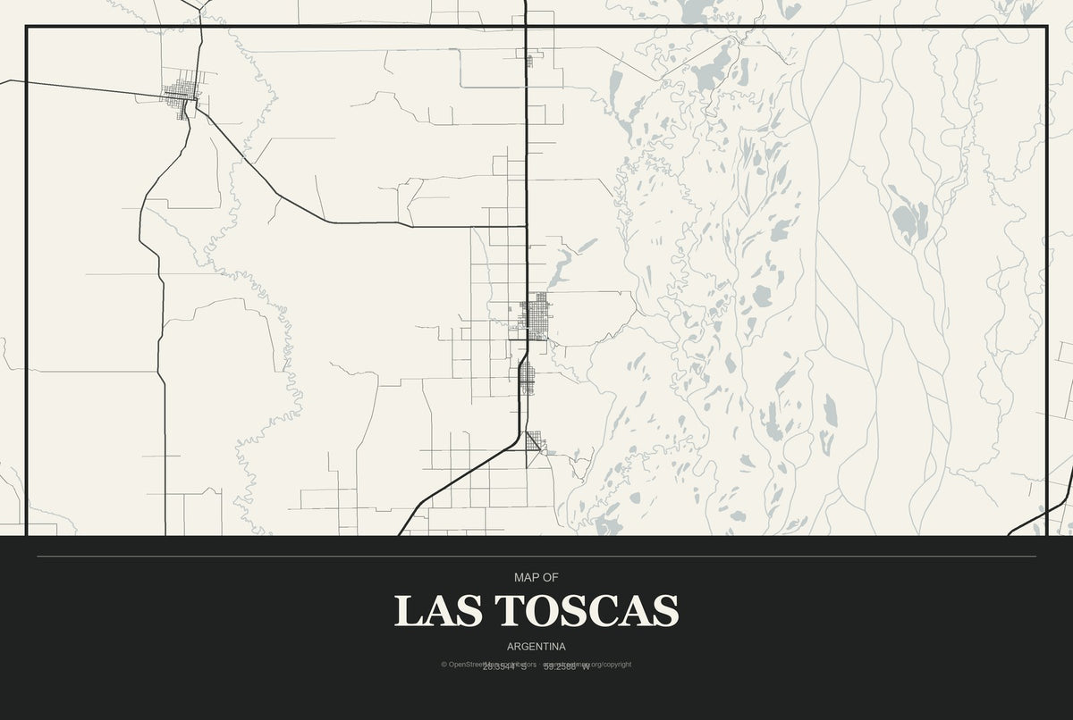 Las Toscas, Argentina City Map Aluminum Sign in Museum Plaque style