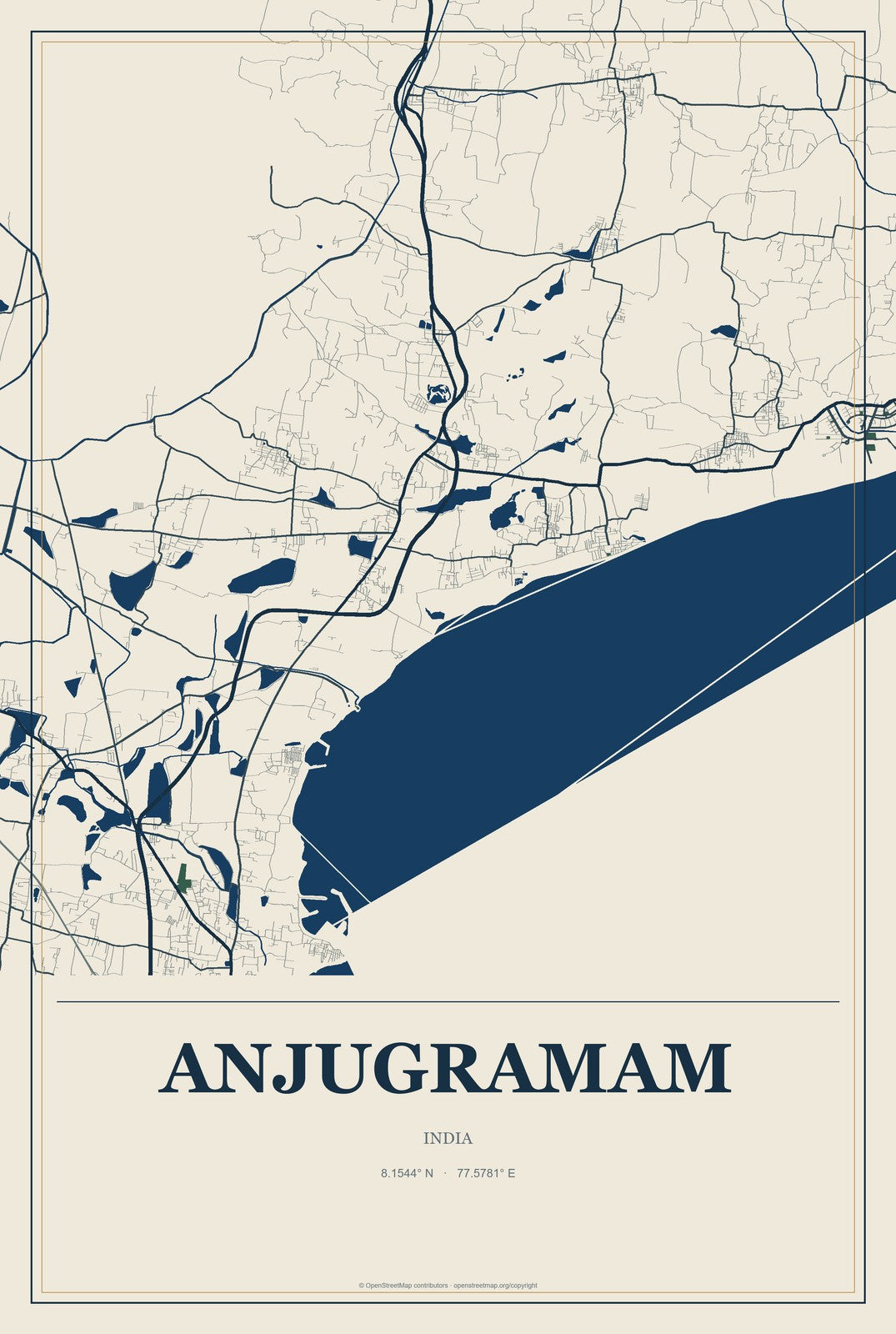 Anjugramam, India City Map Aluminum Sign in Coastal Cutout style