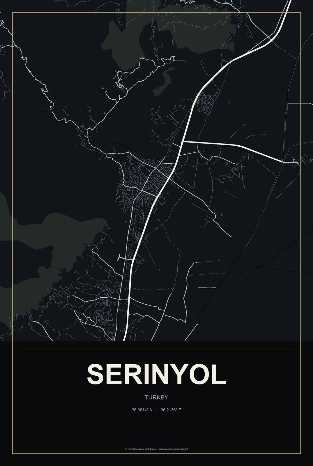 Serinyol, Turkey City Map Aluminum Sign in Metropolitan Noir style