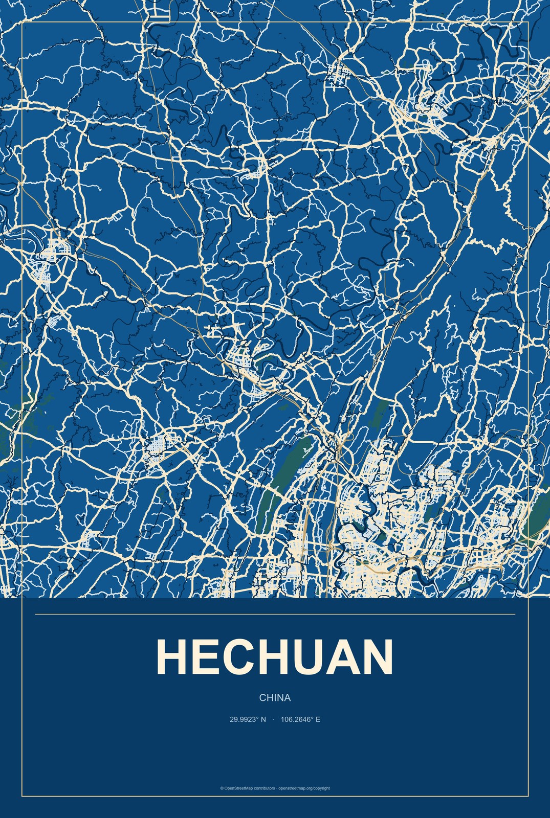 Hechuan, China City Map Aluminum Sign in Harbor Cobalt style