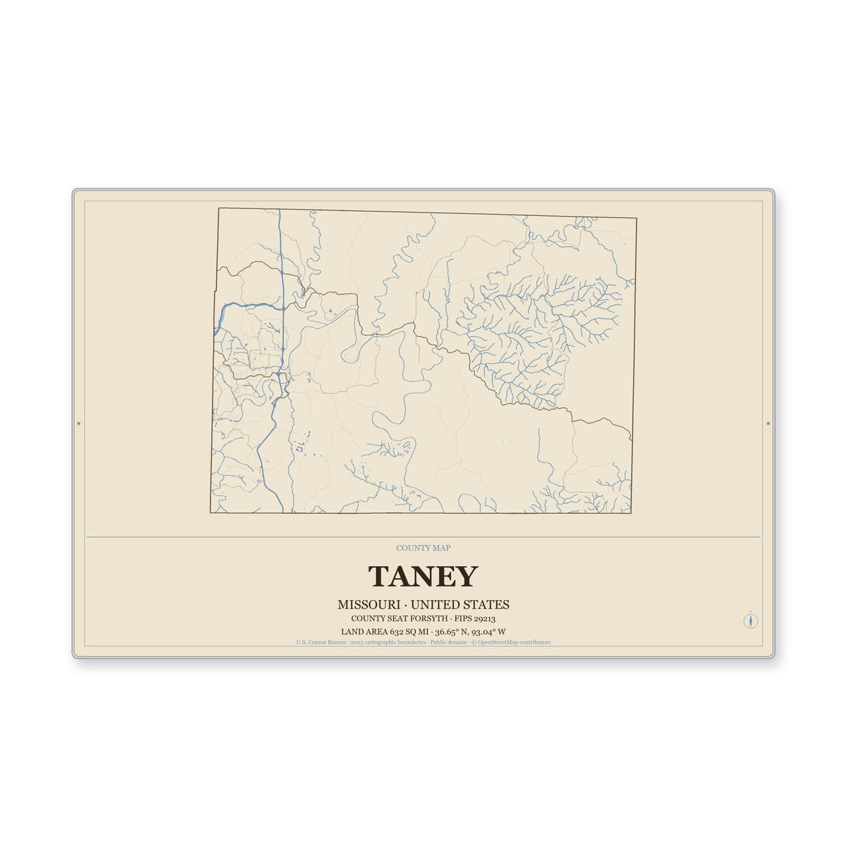 Taney County, Missouri Map Aluminum Sign in Heritage Nautical style