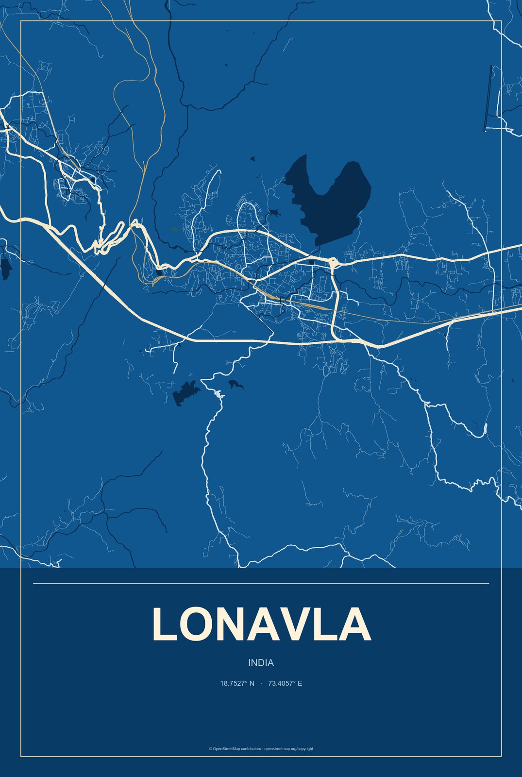 Lonavla, India City Map Aluminum Sign in Harbor Cobalt style