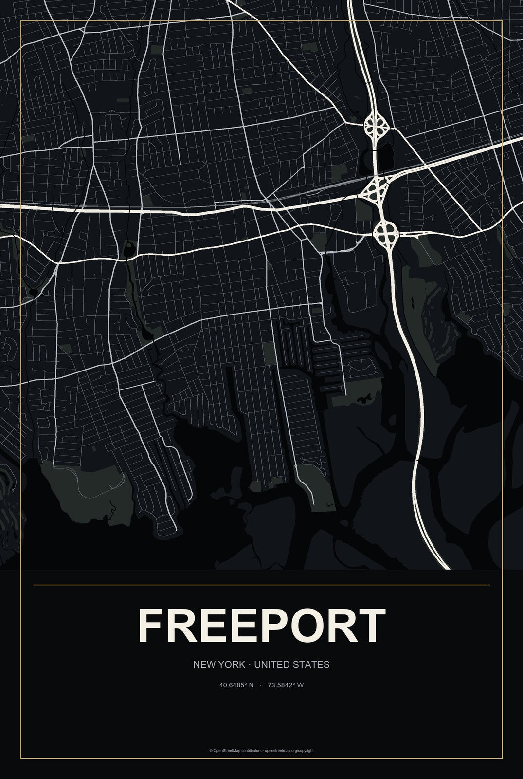Freeport, New York City Map Aluminum Sign in Metropolitan Noir style