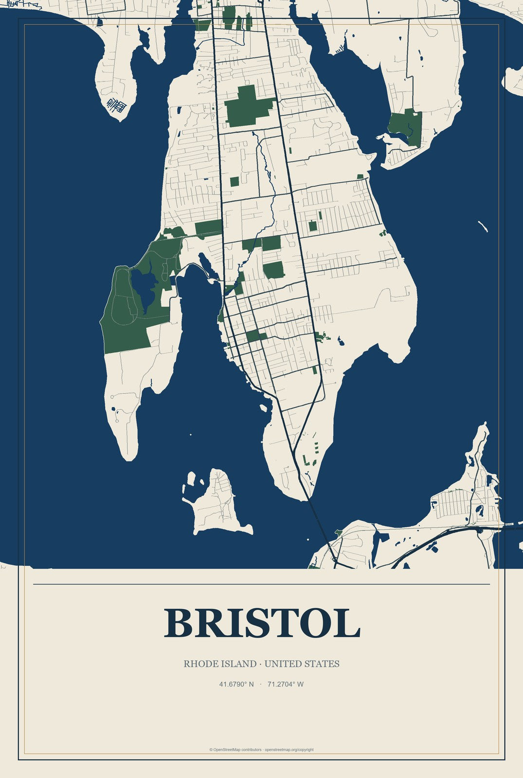 Bristol, Rhode Island City Map Aluminum Sign in Coastal Cutout style