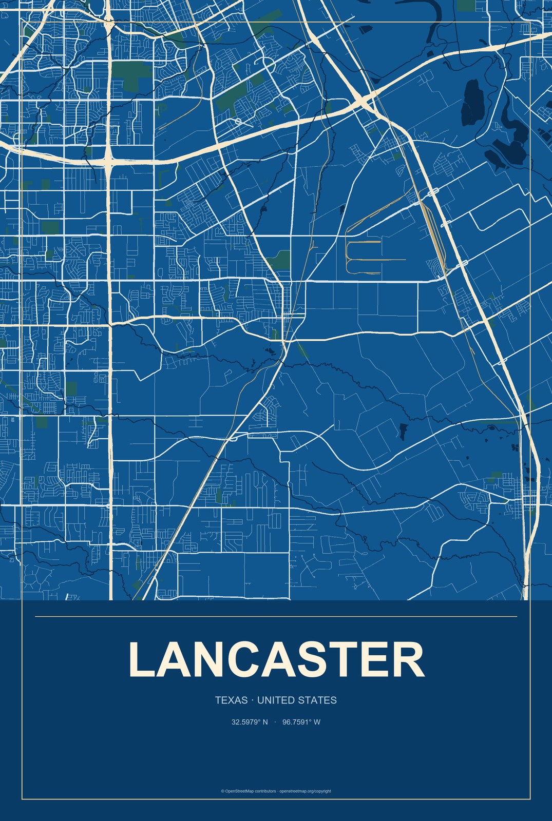 Lancaster, Texas City Map Aluminum Sign in Harbor Cobalt style