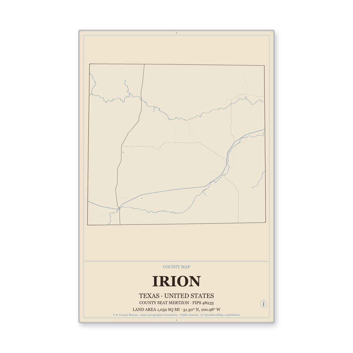 Irion County, Texas Map Aluminum Sign in Heritage Nautical style