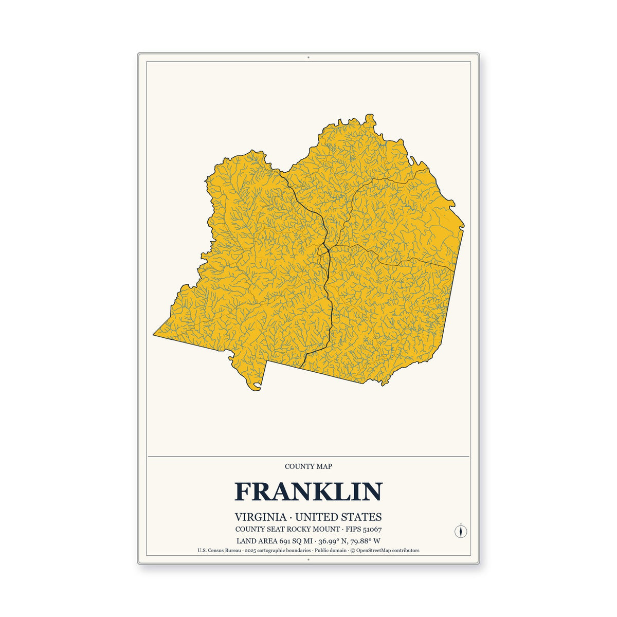 Franklin County, Virginia Map Aluminum Sign in Citrine Modern style