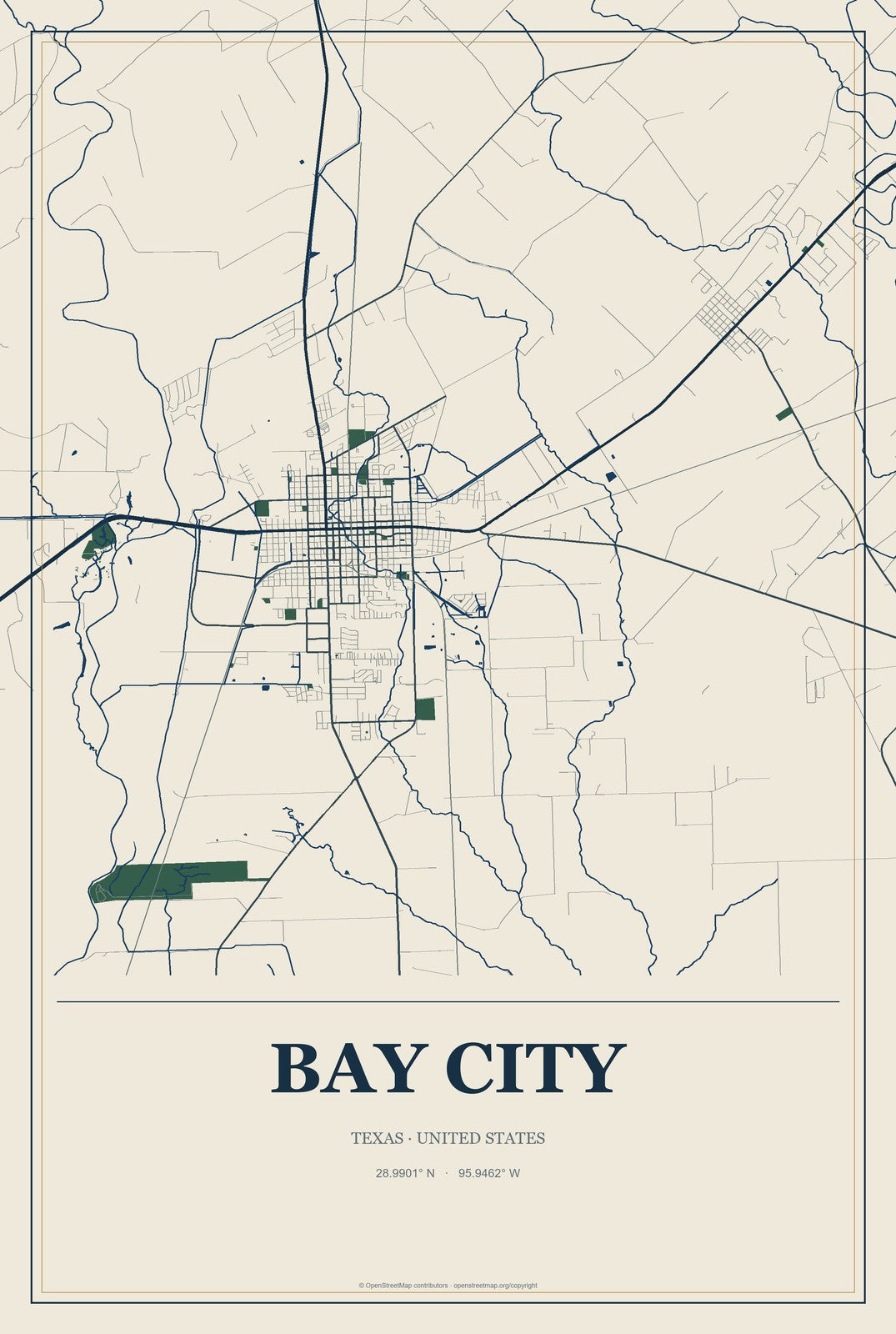 Bay City, Texas City Map Aluminum Sign in Coastal Cutout style