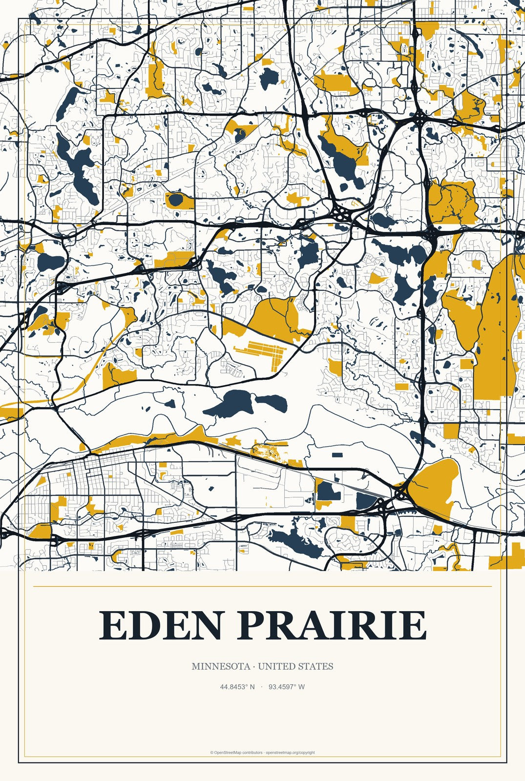 Eden Prairie, Minnesota City Map Aluminum Sign in Citrine Modern style