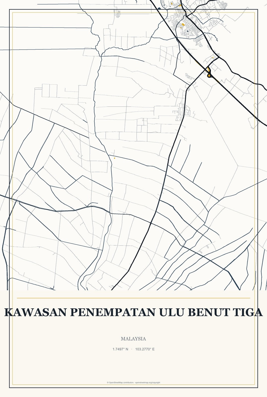 Kawasan Penempatan Ulu Benut Tiga, Malaysia City Map Aluminum Sign in Citrine Modern style