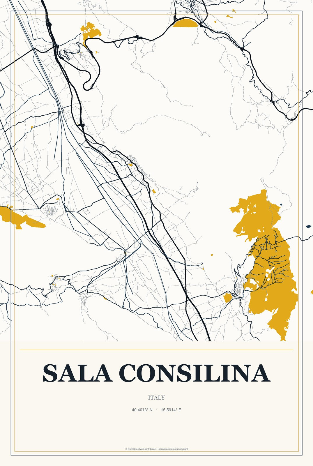 Sala Consilina, Italy City Map Aluminum Sign in Citrine Modern style