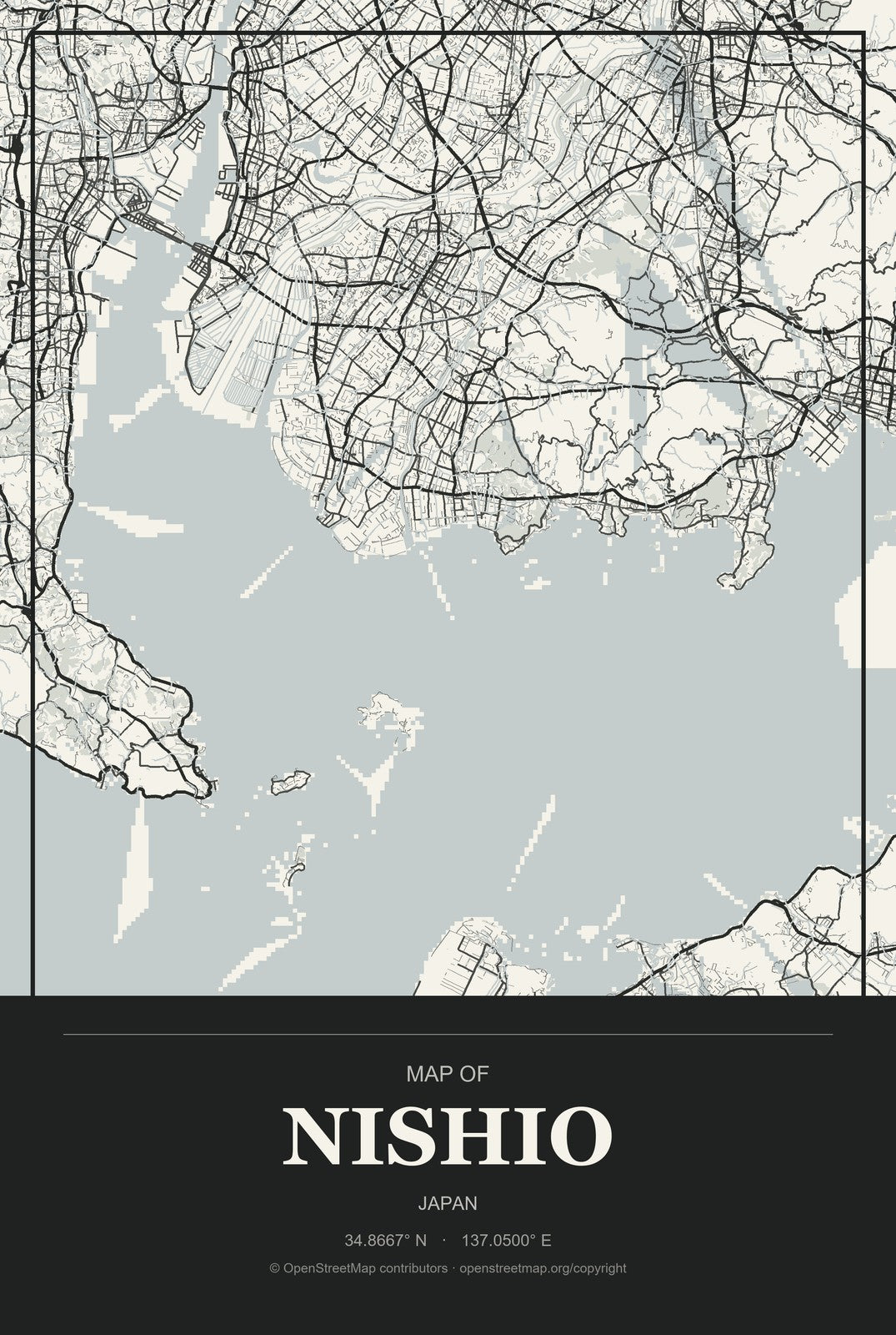 Nishio, Japan City Map Aluminum Sign in Museum Plaque style