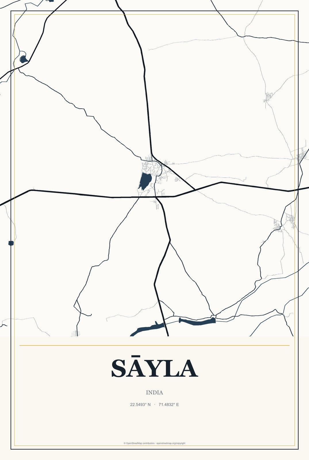 Sāyla, India City Map Aluminum Sign in Citrine Modern style