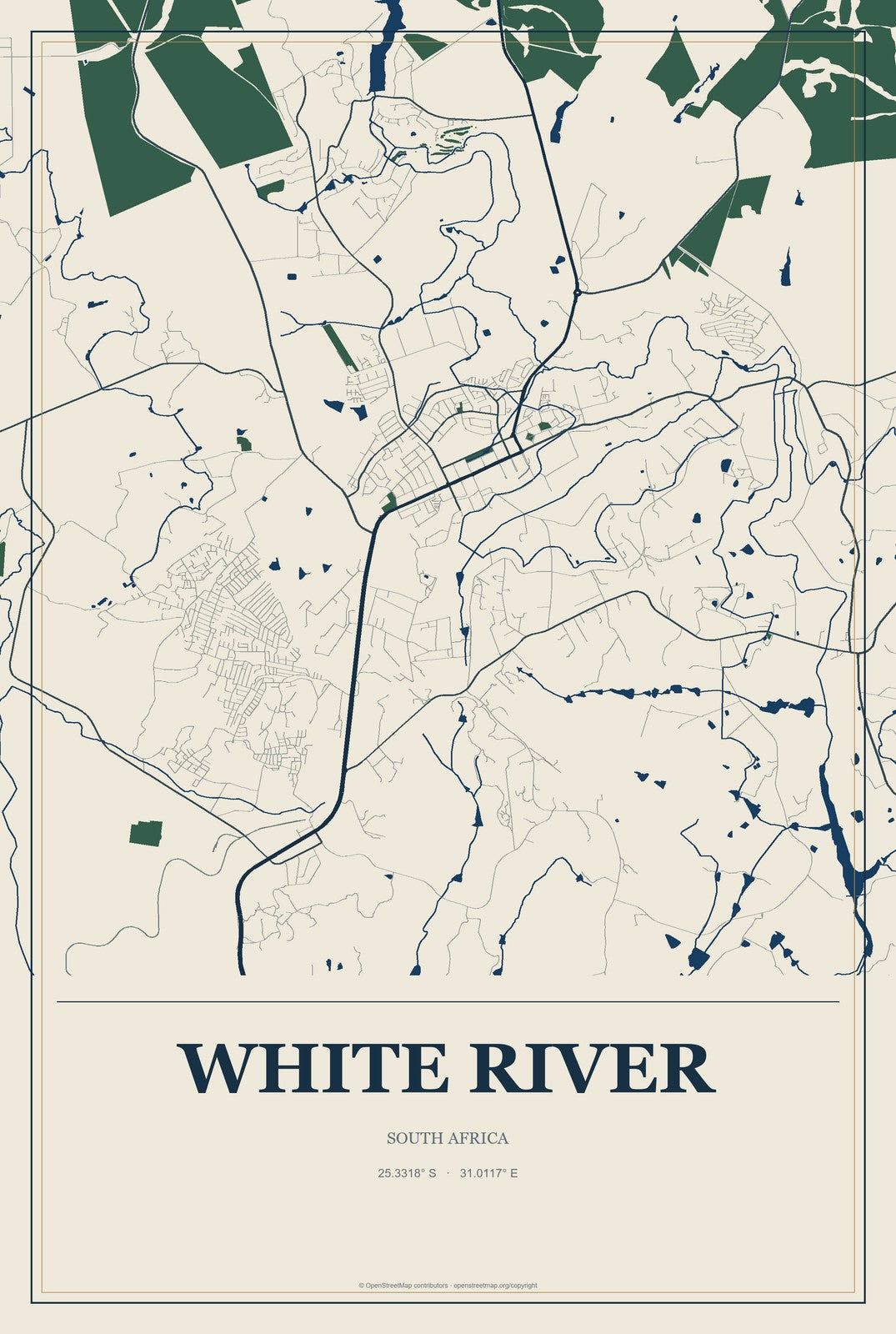 White River, South Africa City Map Aluminum Sign in Coastal Cutout style