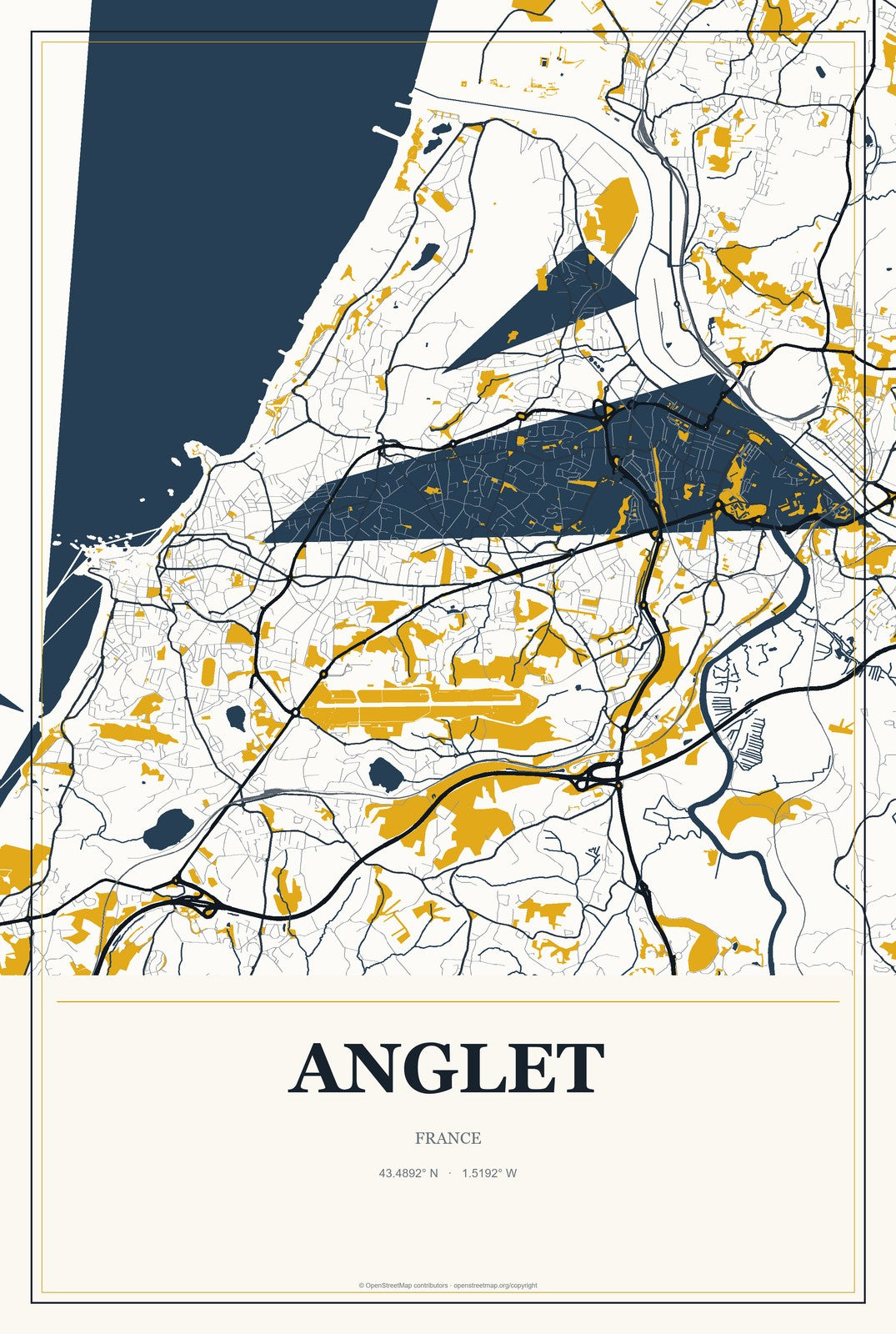Anglet, France City Map Aluminum Sign in Citrine Modern style