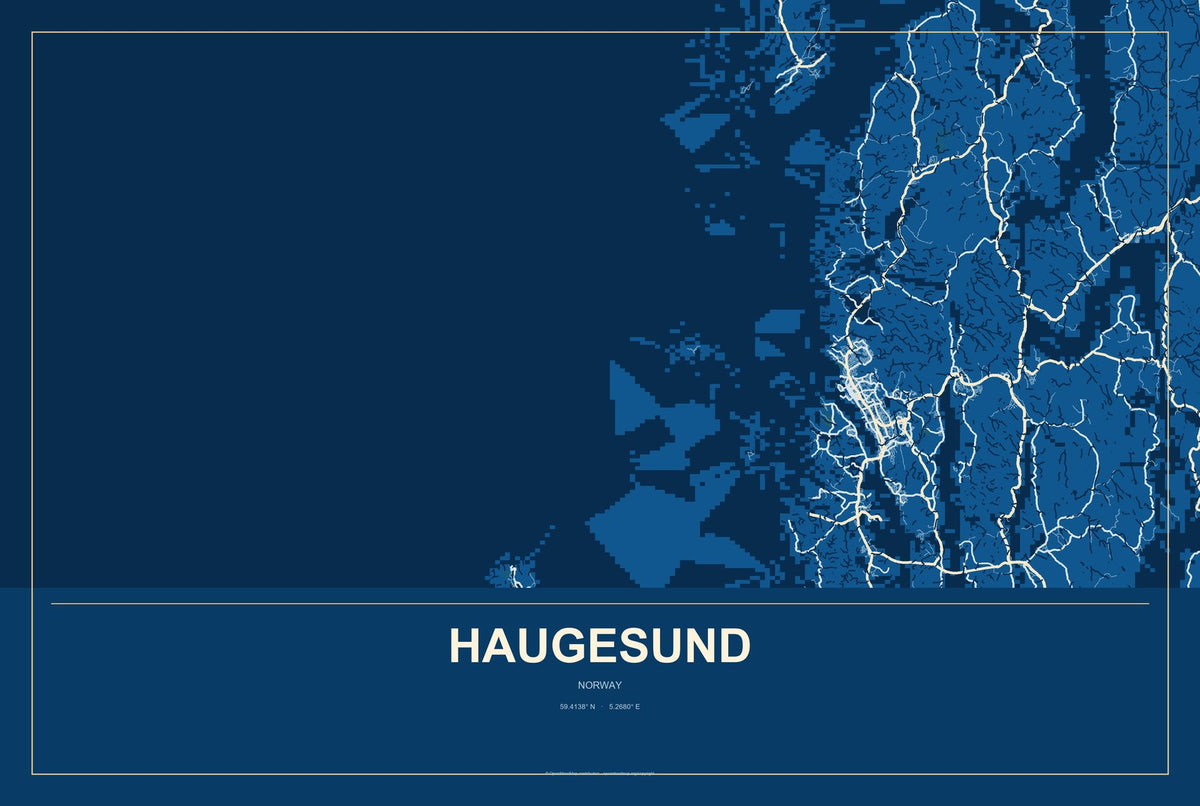 Haugesund, Norway City Map Aluminum Sign in Harbor Cobalt style