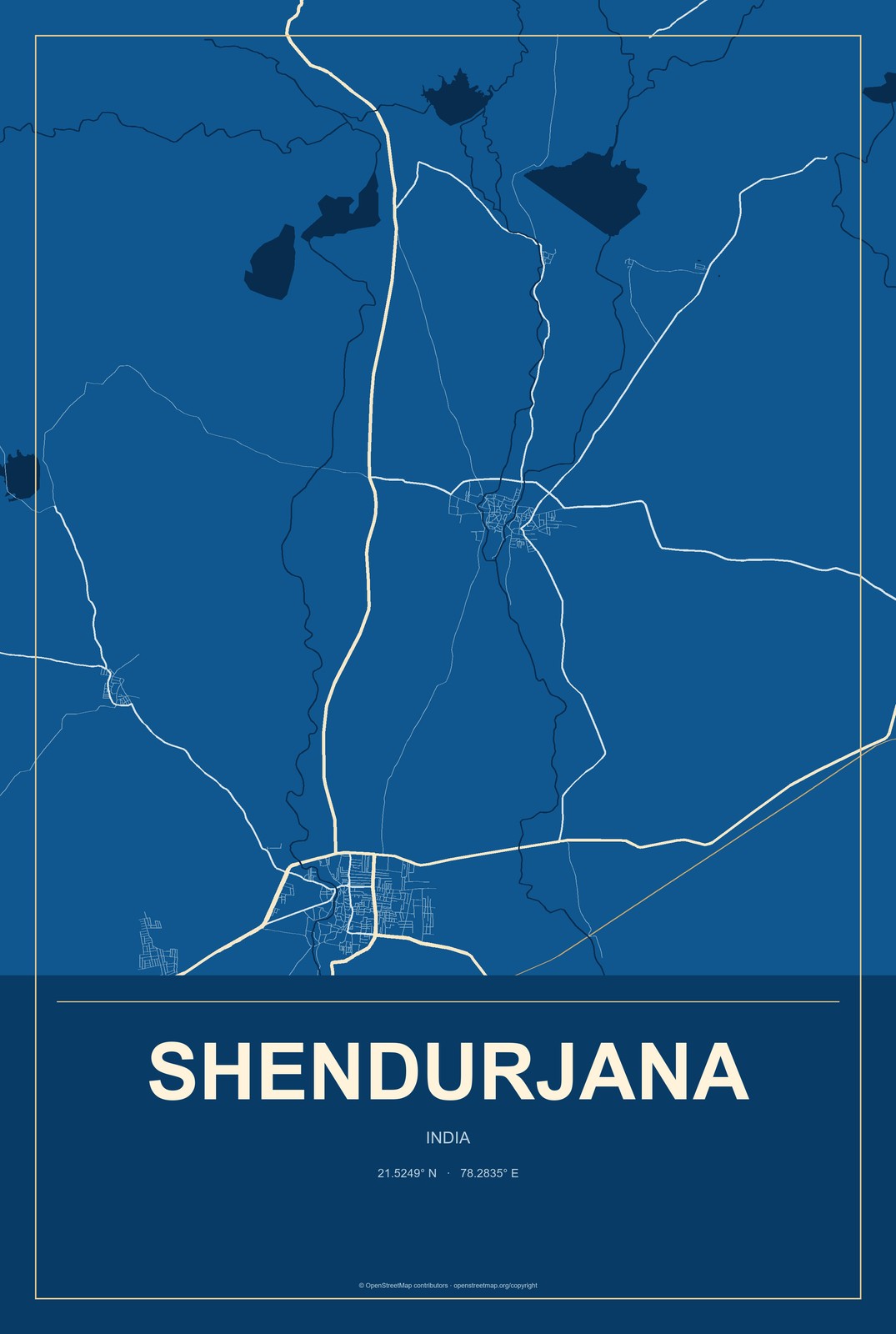 Shendurjana, India City Map Aluminum Sign in Harbor Cobalt style