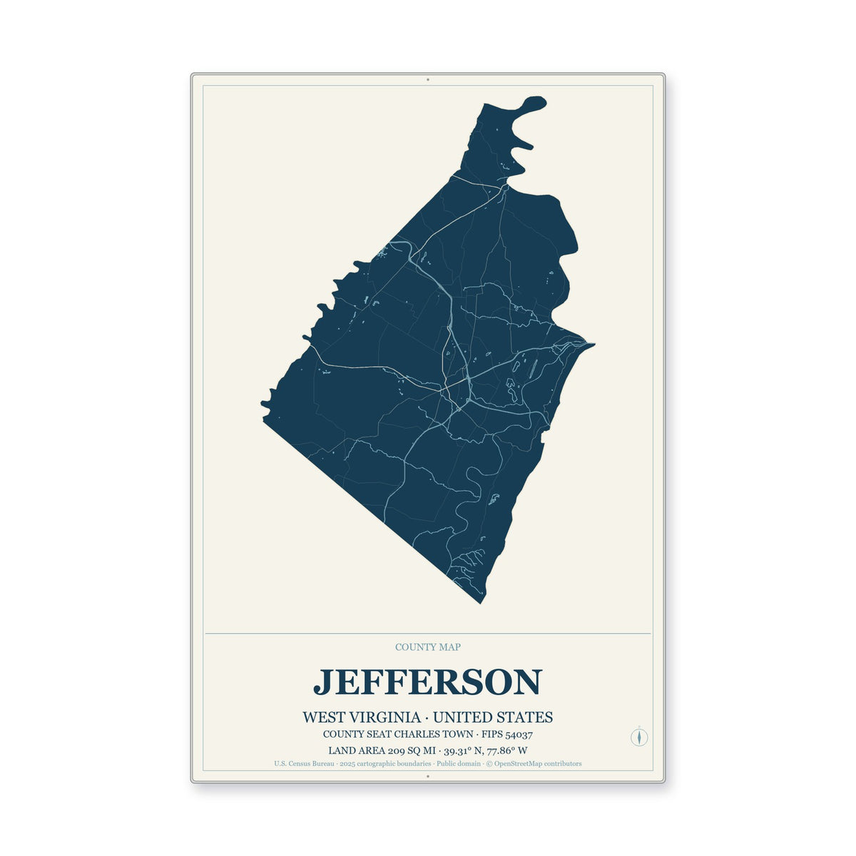 Jefferson County, West Virginia Map Aluminum Sign in Coastal Cutout style