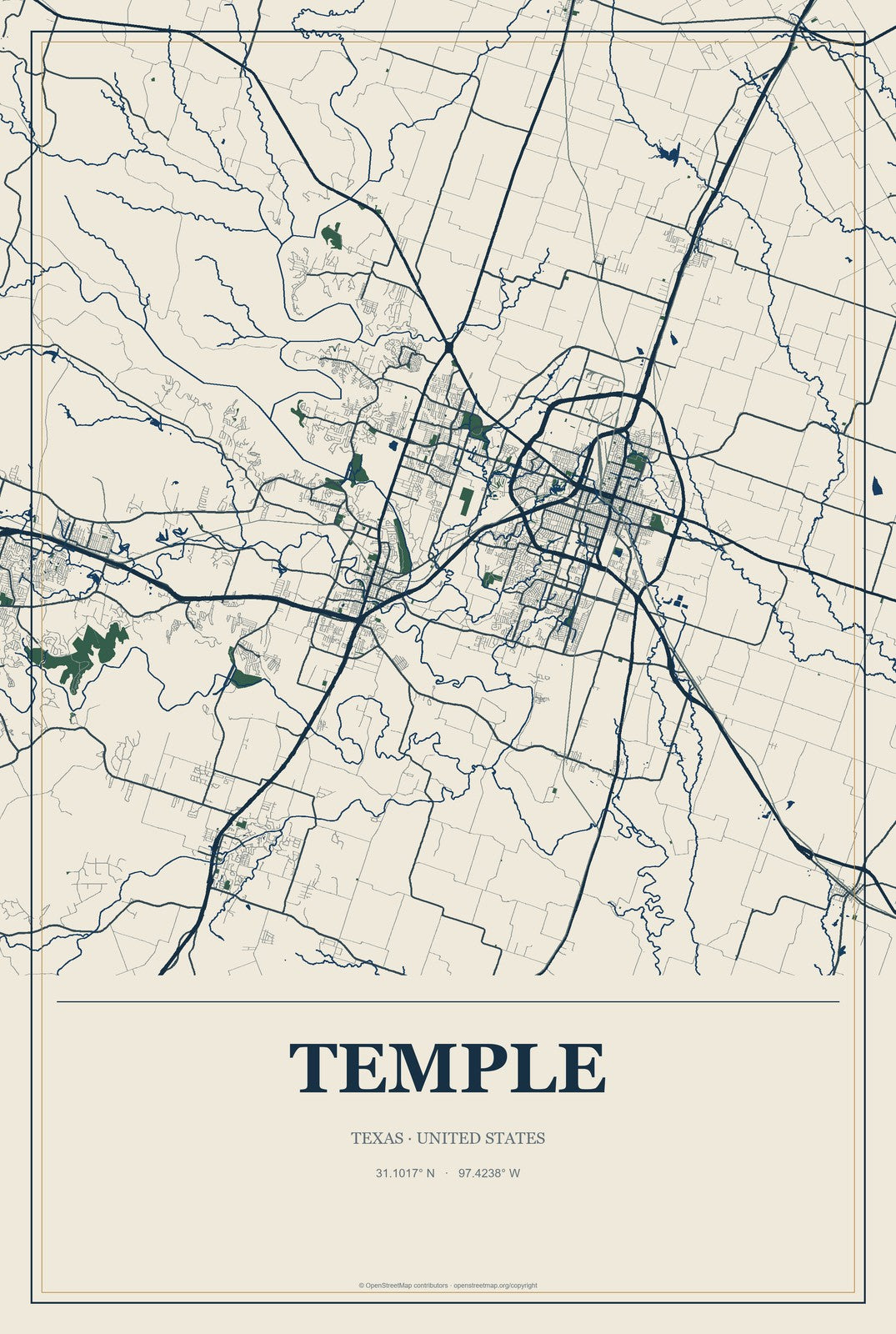 Temple, Texas City Map Aluminum Sign in Coastal Cutout style