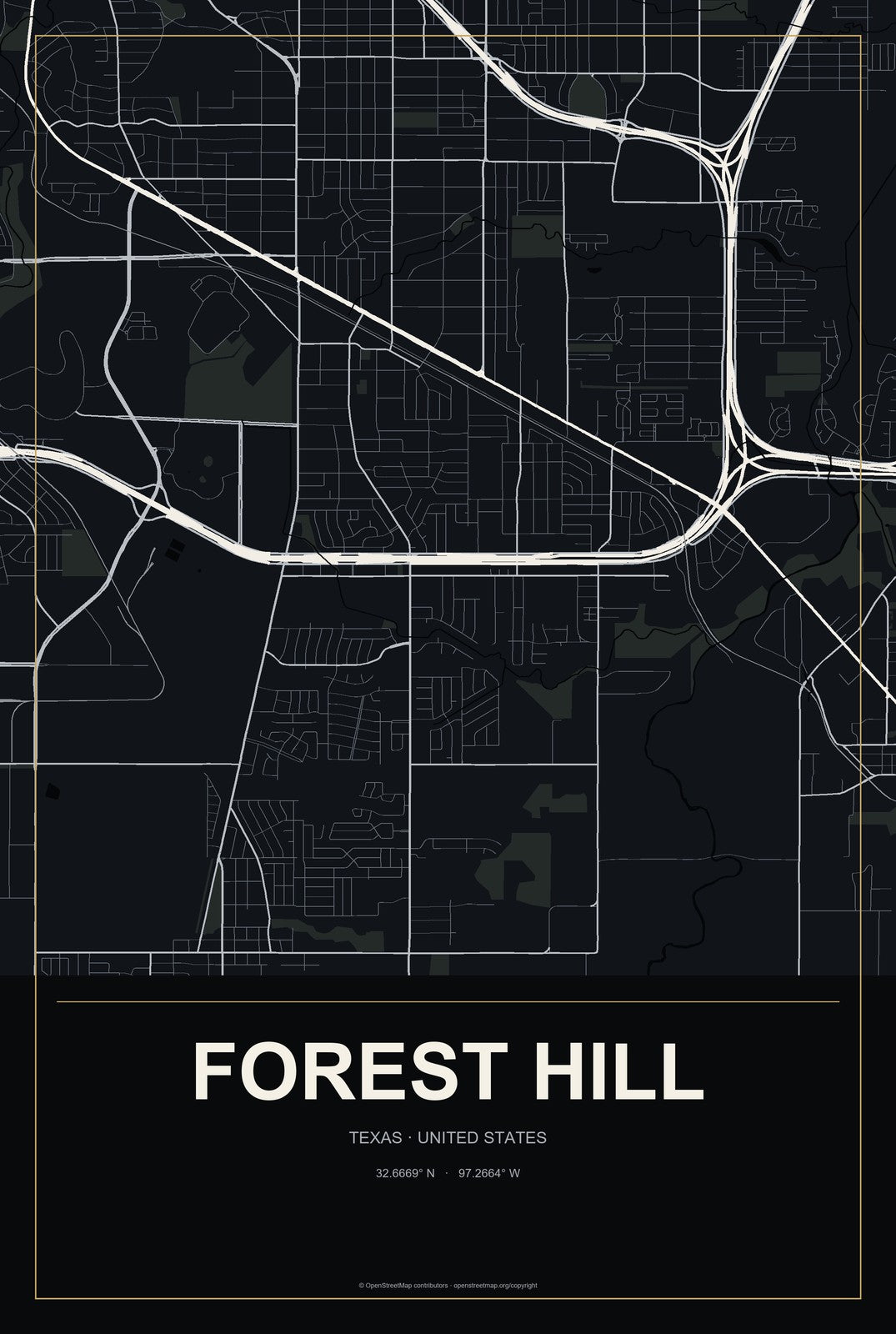 Forest Hill, Texas City Map Aluminum Sign in Metropolitan Noir style