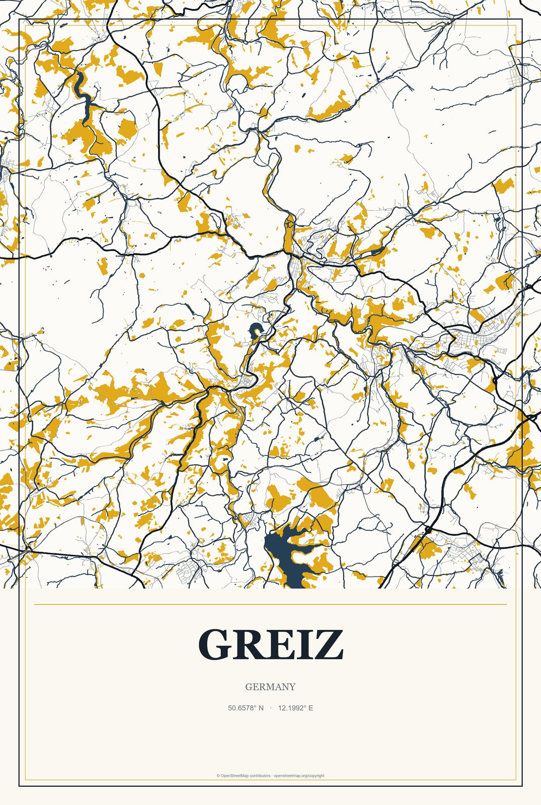 Greiz, Germany City Map Aluminum Sign in Citrine Modern style