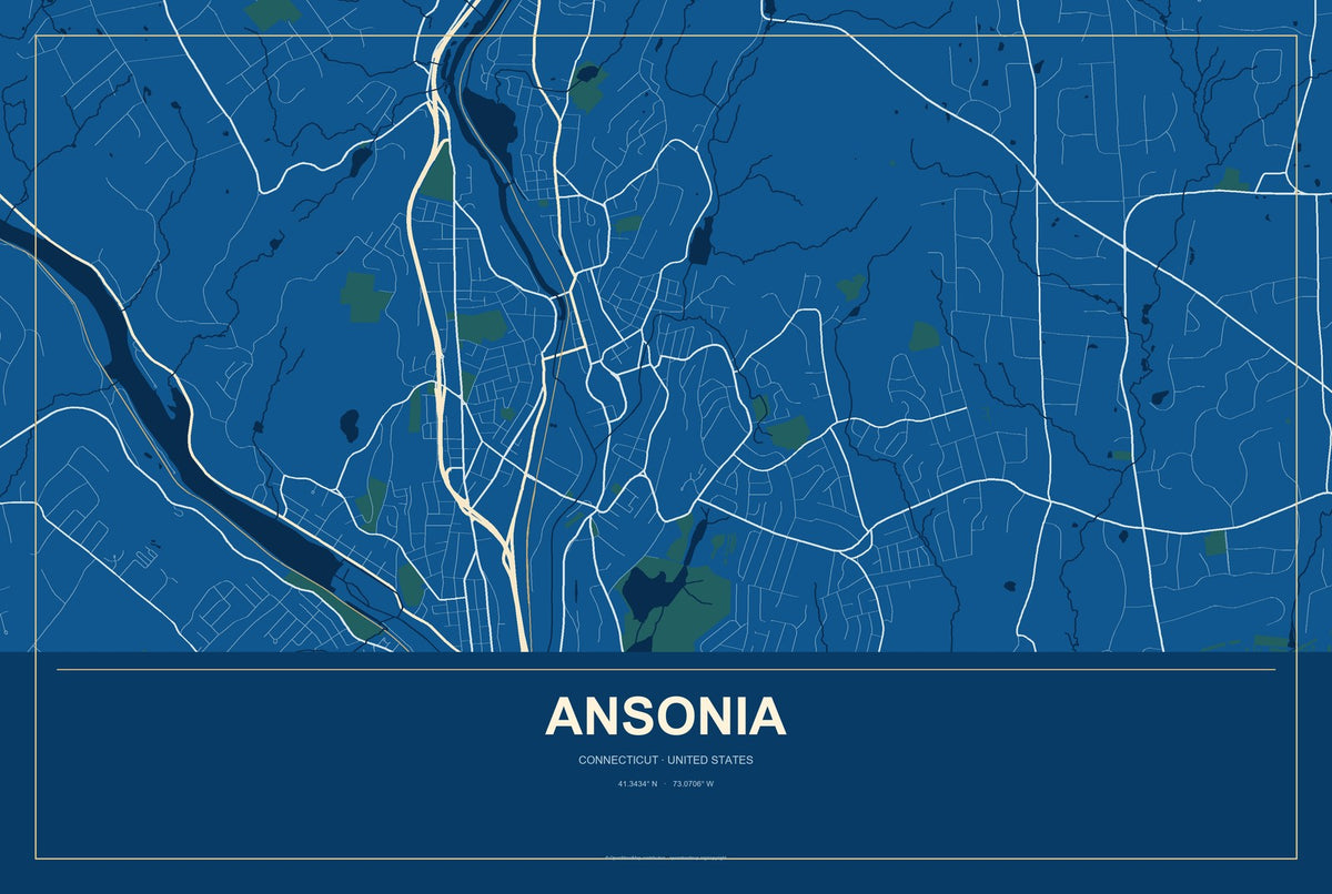 Ansonia, Connecticut City Map Aluminum Sign in Harbor Cobalt style