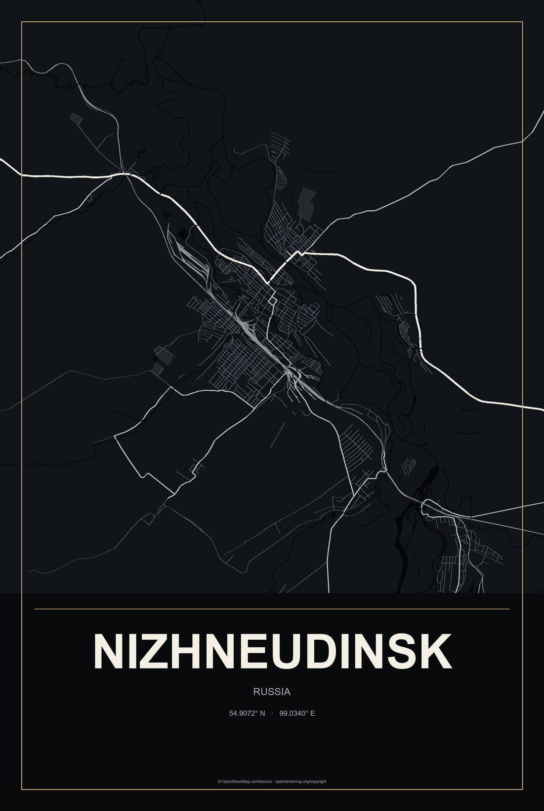 Nizhneudinsk, Russia City Map Aluminum Sign in Metropolitan Noir style