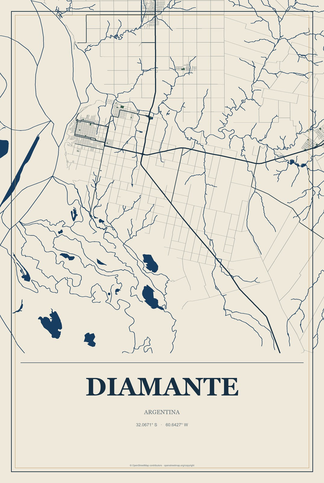 Diamante, Argentina City Map Aluminum Sign in Coastal Cutout style
