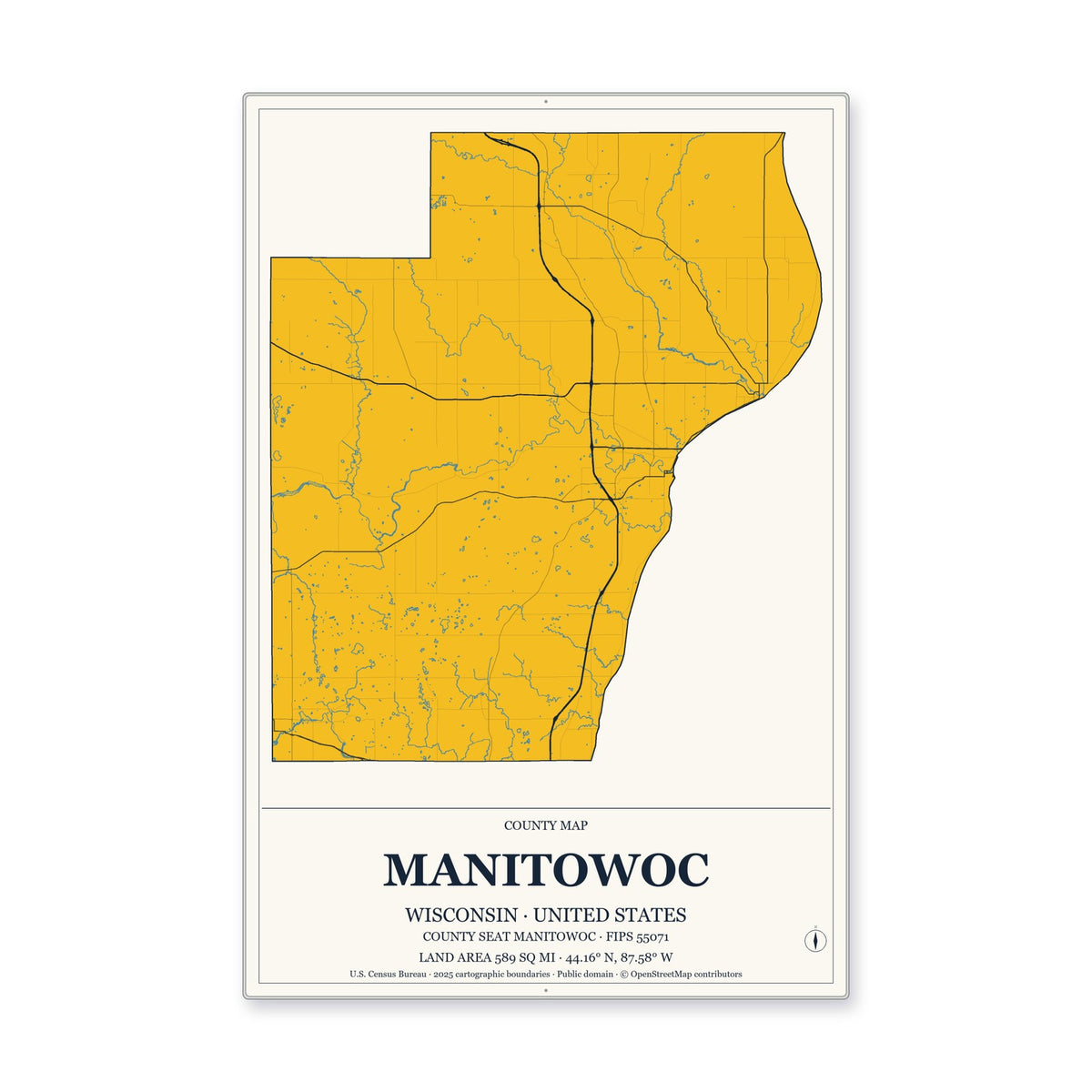 Manitowoc County, Wisconsin Map Aluminum Sign in Citrine Modern style