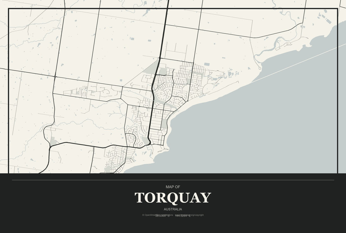 Torquay, Australia City Map Aluminum Sign in Museum Plaque style