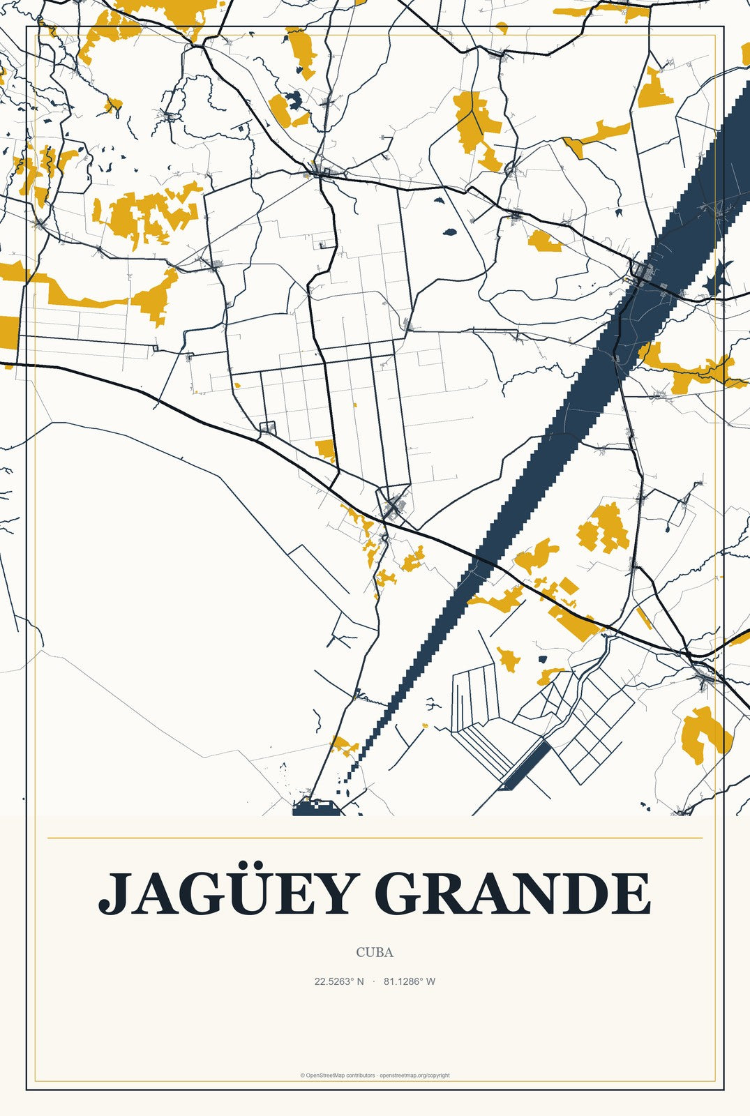 Jagüey Grande, Cuba City Map Aluminum Sign in Citrine Modern style