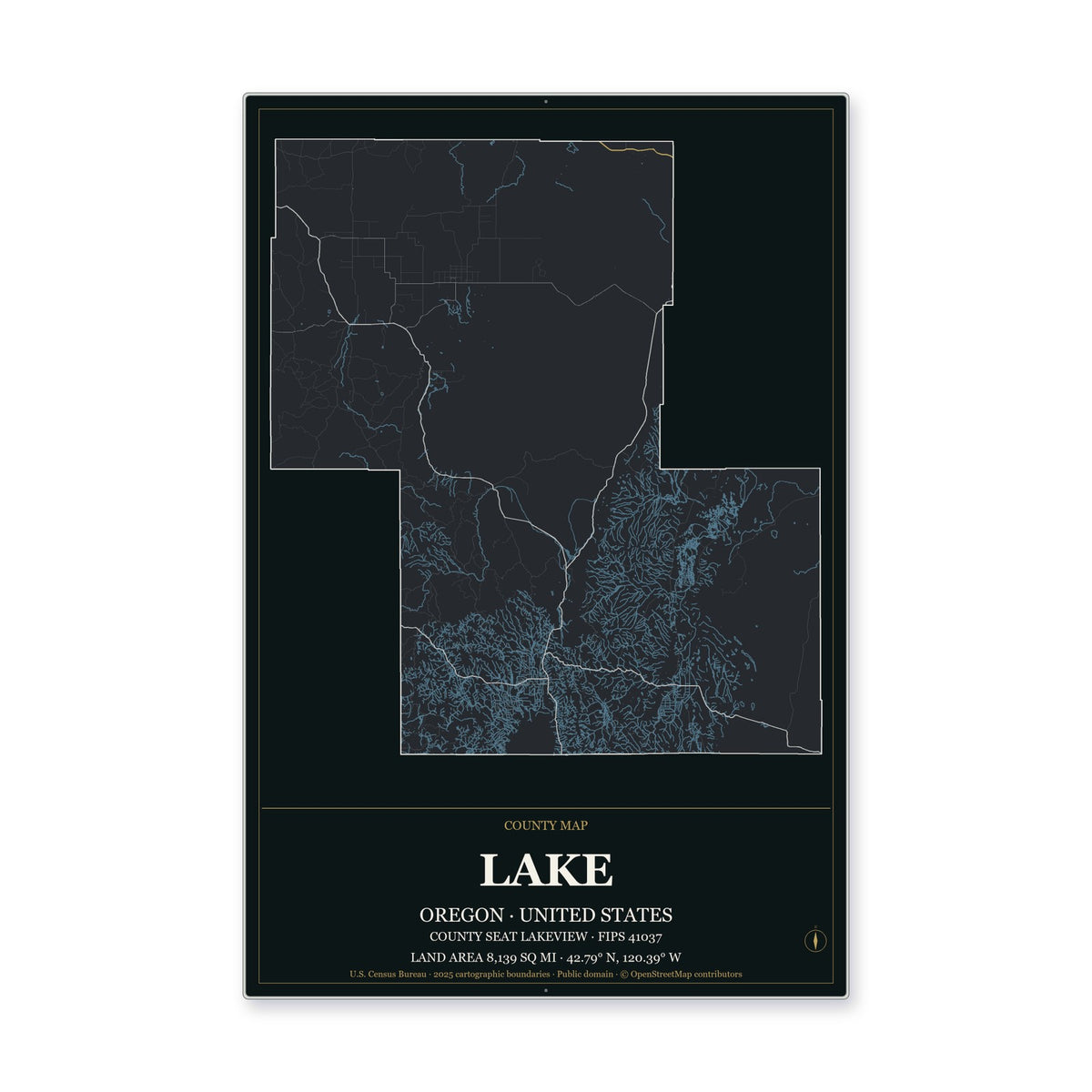 Lake County, Oregon Map Aluminum Sign in Metropolitan Noir style