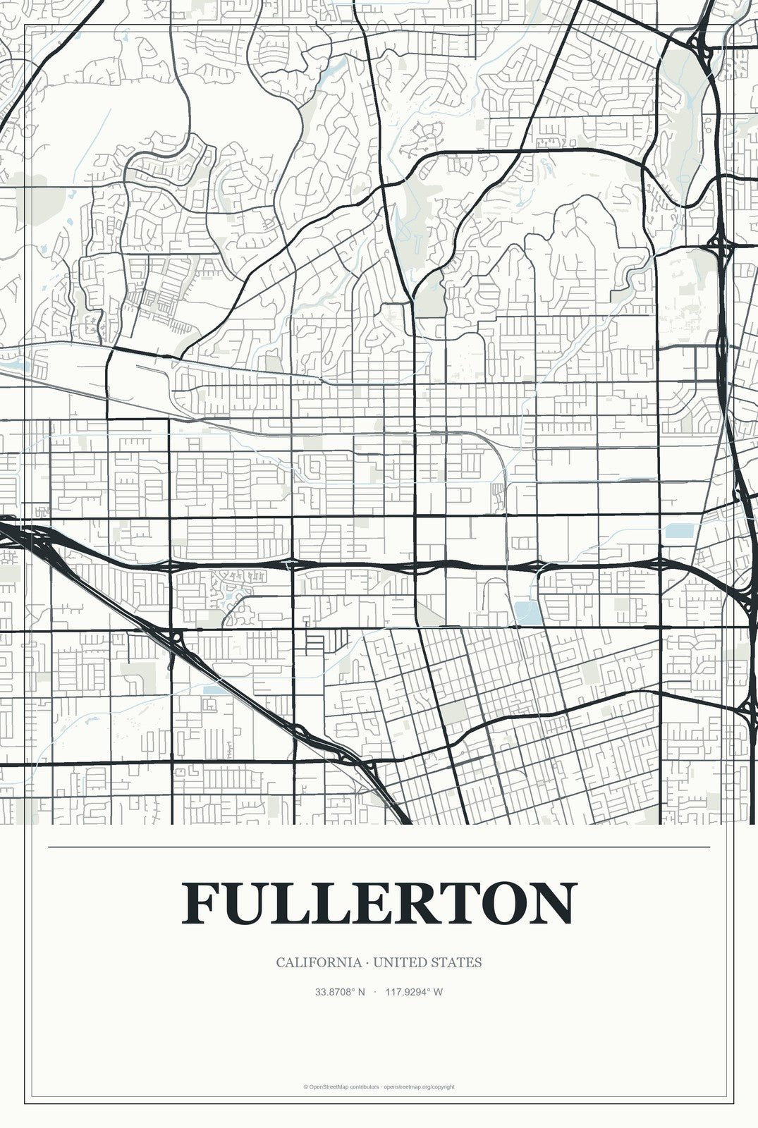 Fullerton, California City Map Aluminum Sign in Gallery Air style