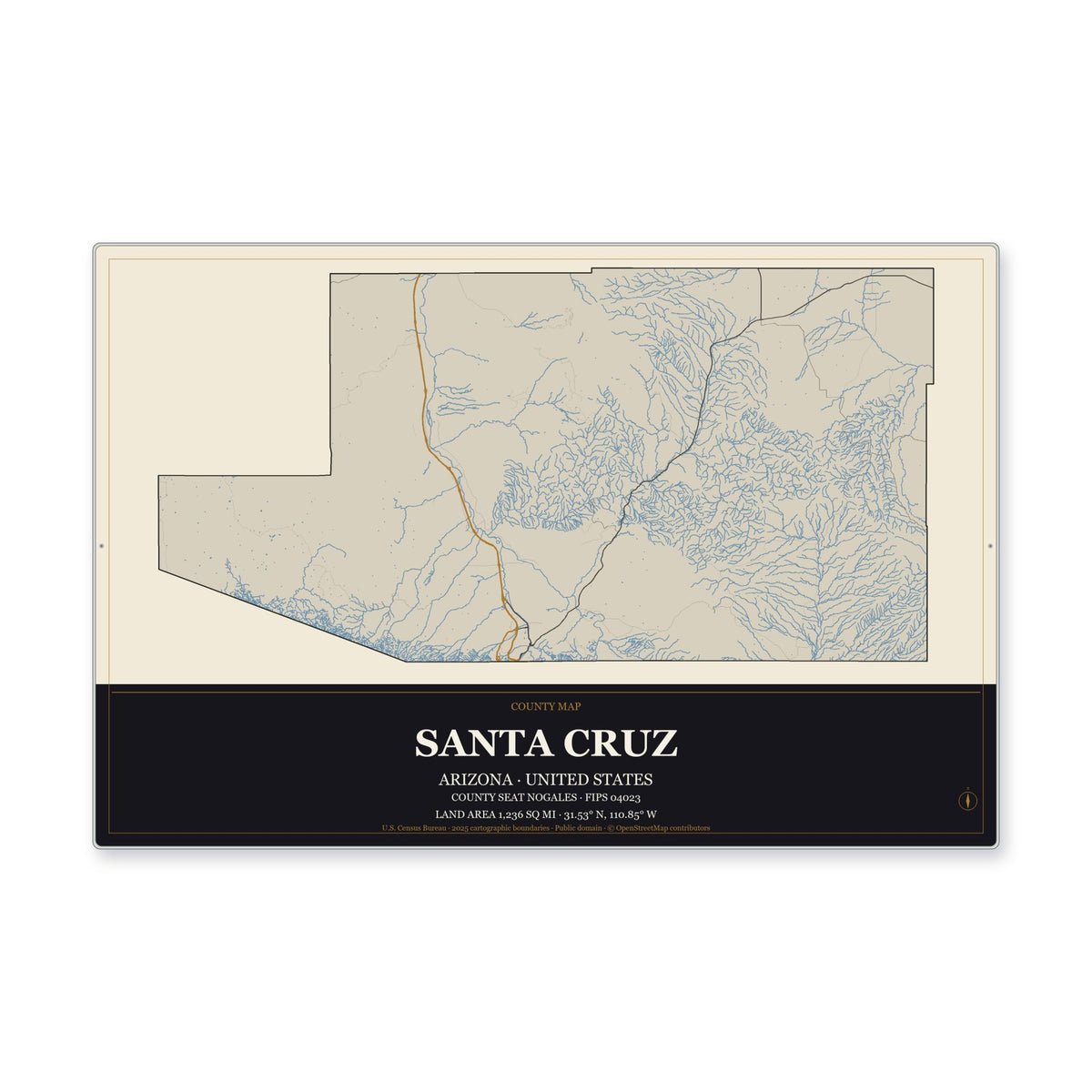 Santa Cruz County, Arizona Map Aluminum Sign in Museum Plaque style