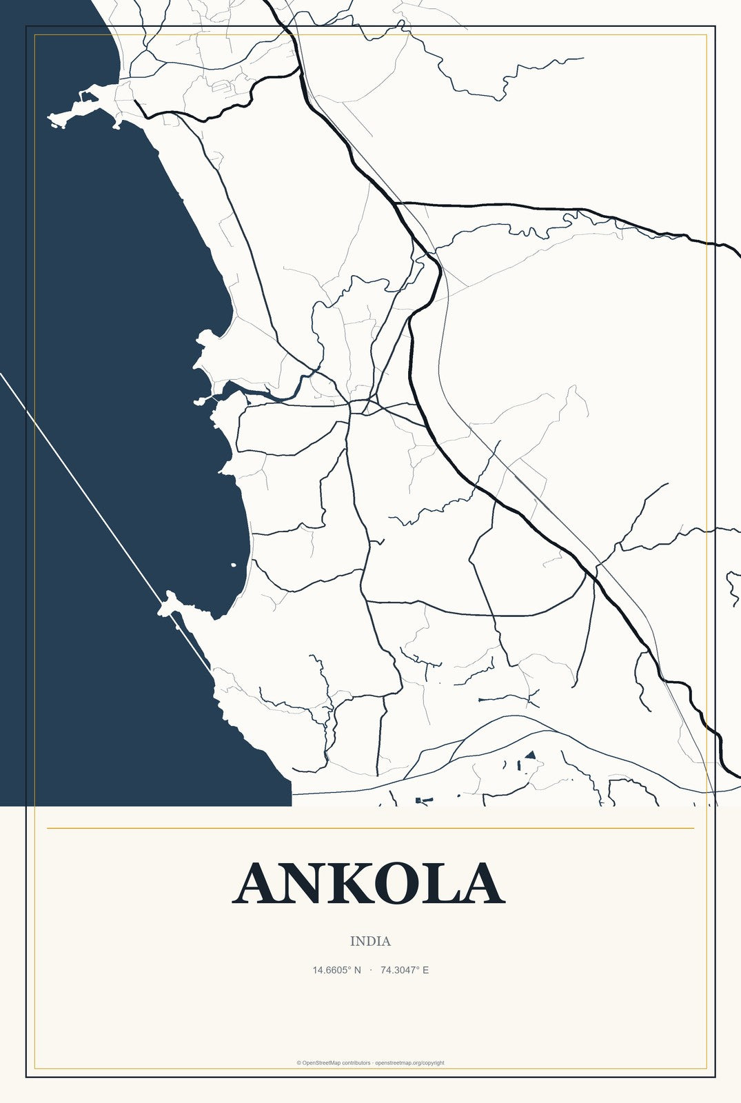 Ankola, India City Map Aluminum Sign in Citrine Modern style