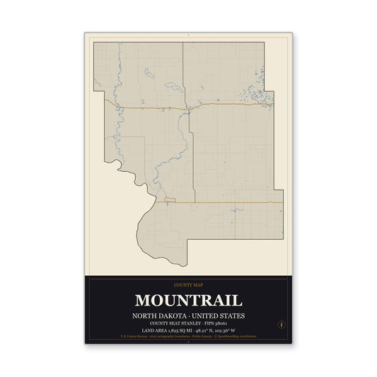 Mountrail County, North Dakota Map Aluminum Sign in Museum Plaque style