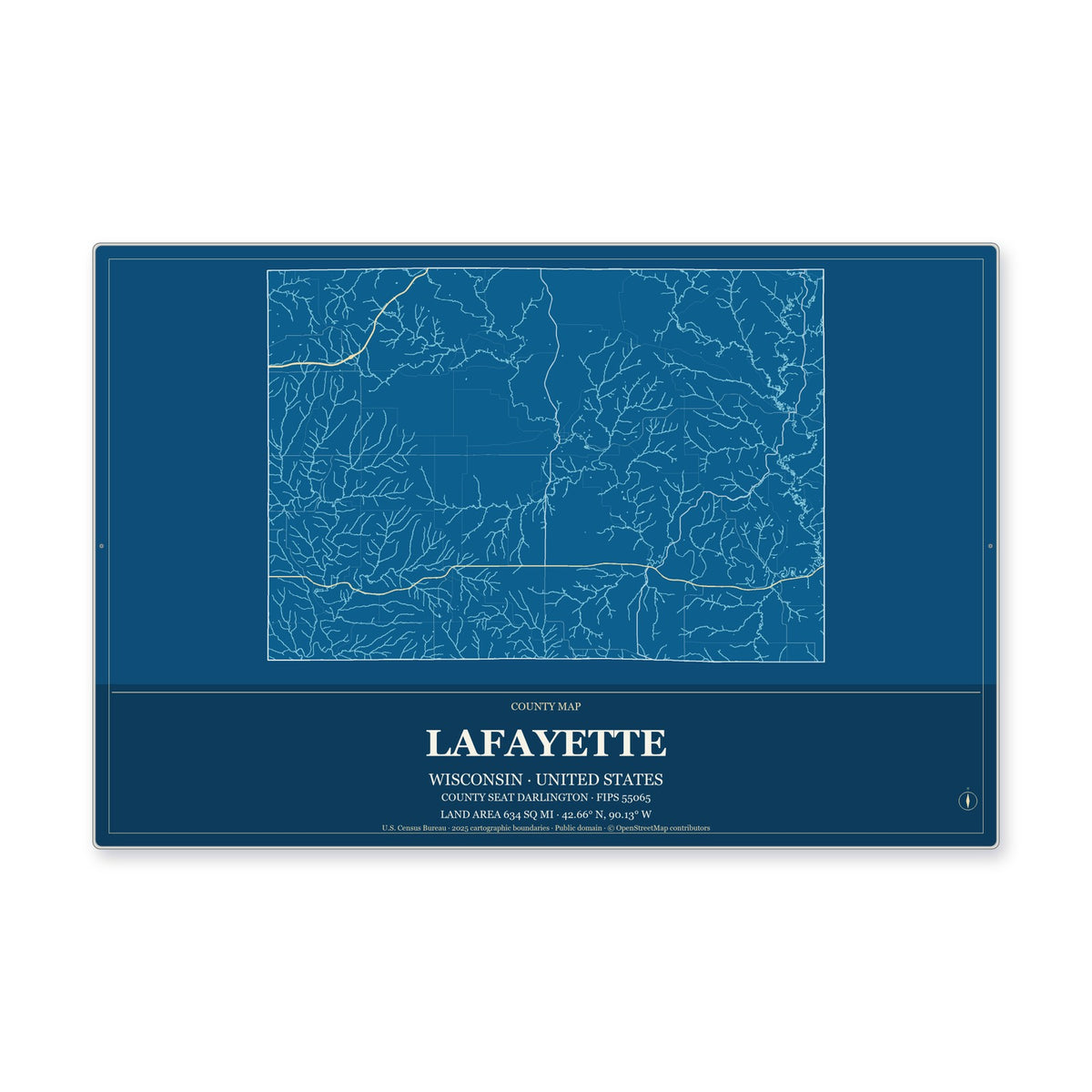 Lafayette County, Wisconsin Map Aluminum Sign in Harbor Cobalt style