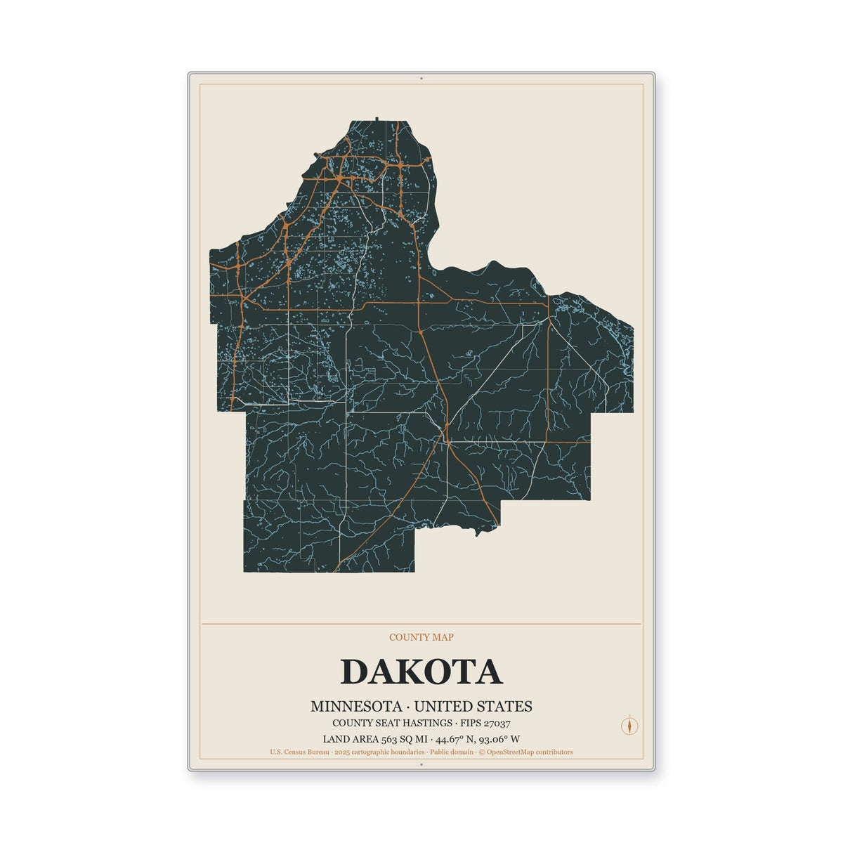 Dakota County, Minnesota Map Aluminum Sign in Headline Atlas style