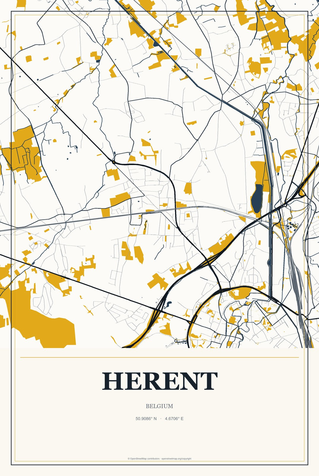 Herent, Belgium City Map Aluminum Sign in Citrine Modern style