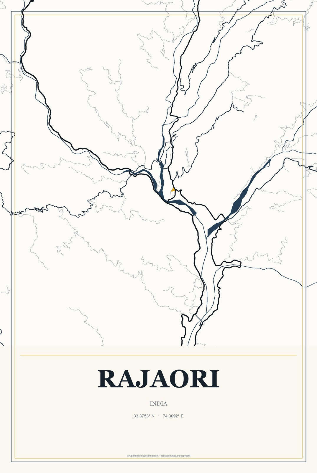Rajaori, India City Map Aluminum Sign in Citrine Modern style