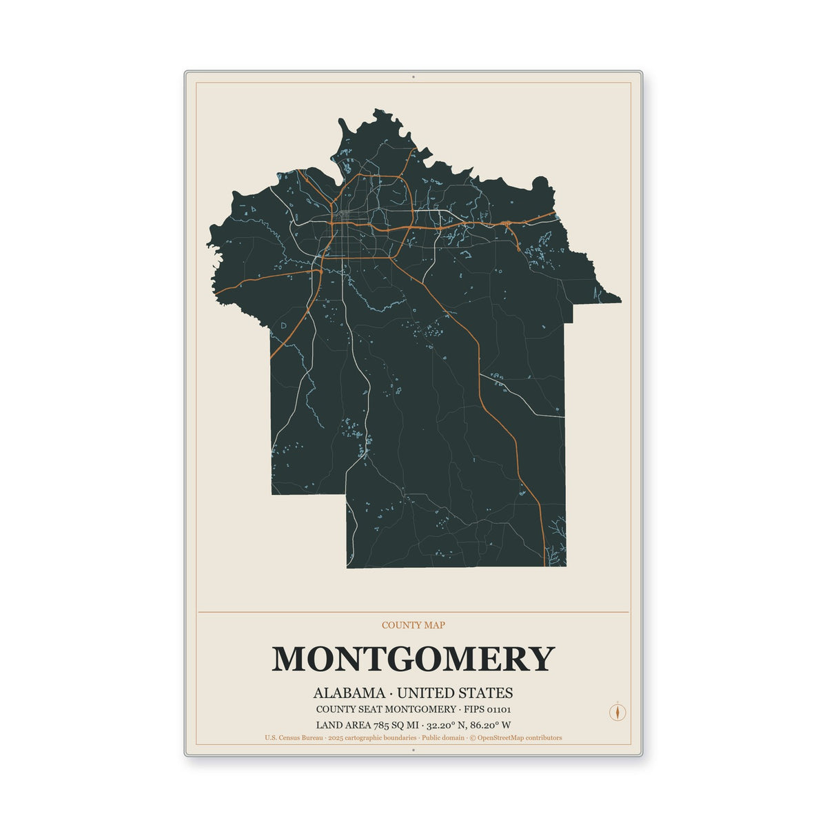 Montgomery County, Alabama Map Aluminum Sign in Headline Atlas style