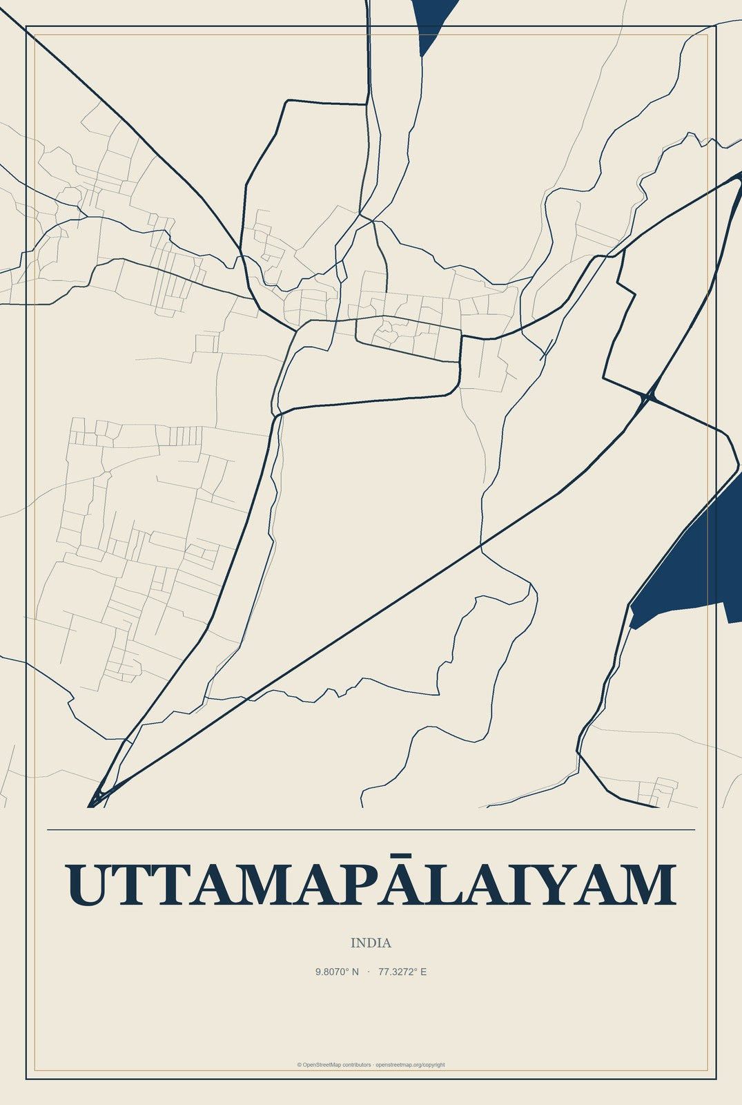 Uttamapālaiyam, India City Map Aluminum Sign in Coastal Cutout style