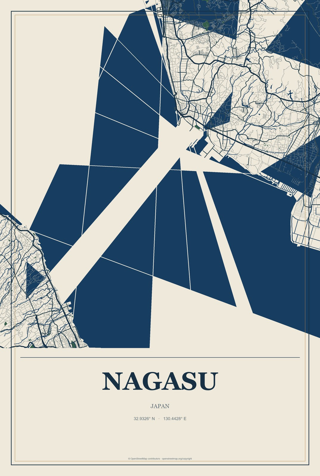 Nagasu, Japan City Map Aluminum Sign in Coastal Cutout style