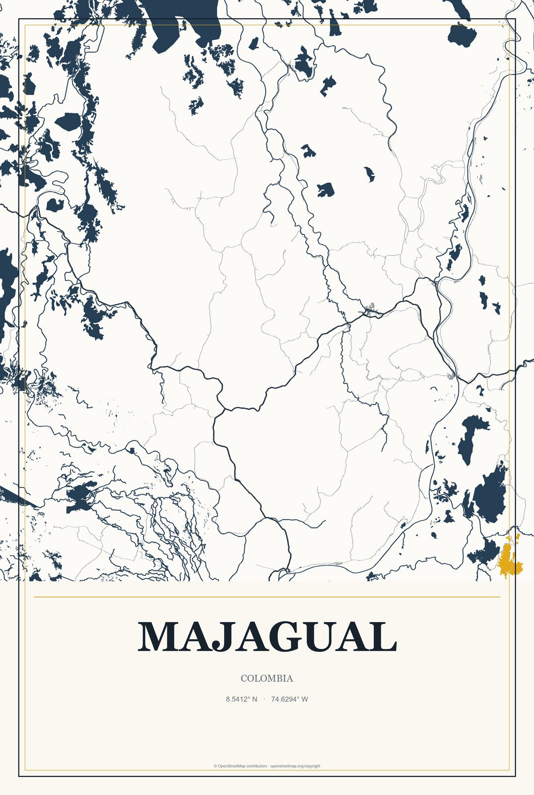 Majagual, Colombia City Map Aluminum Sign in Citrine Modern style