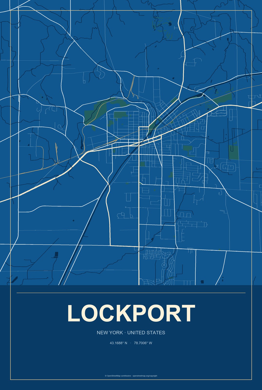 Lockport, New York City Map Aluminum Sign in Harbor Cobalt style