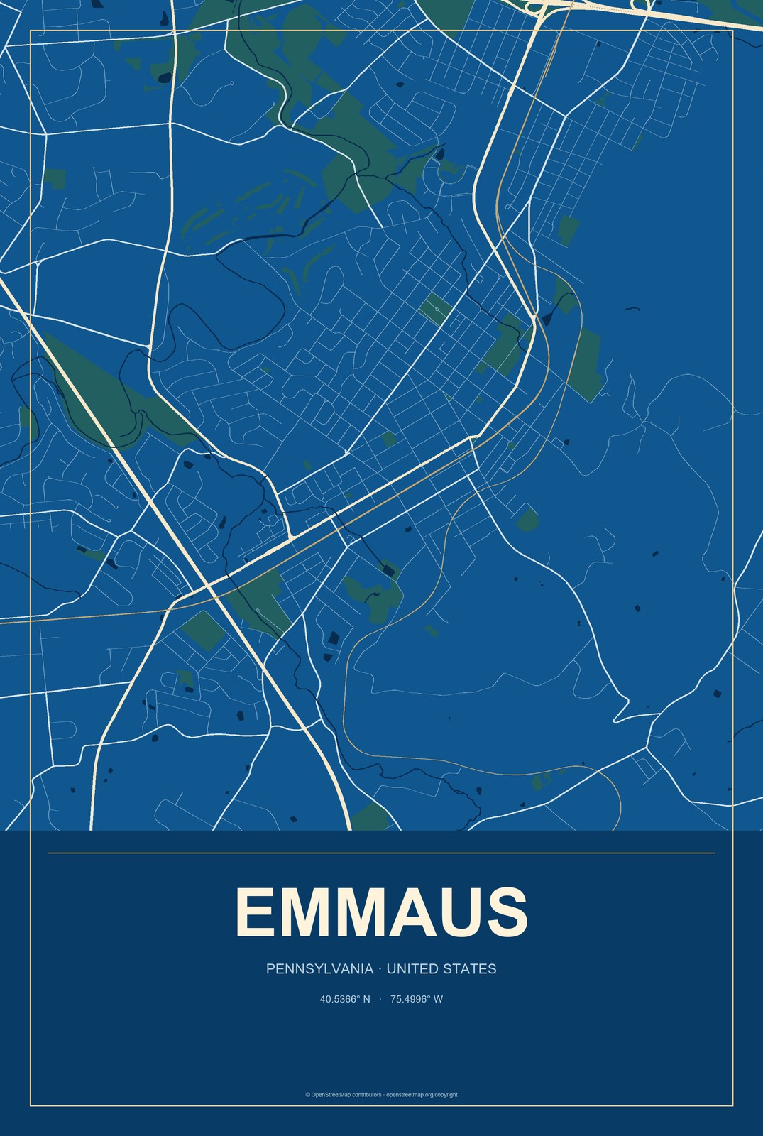 Emmaus, Pennsylvania City Map Aluminum Sign in Harbor Cobalt style
