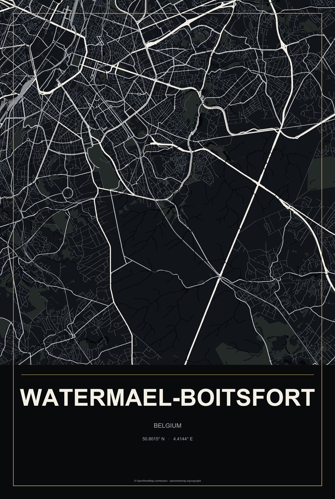Watermael-Boitsfort, Belgium City Map Aluminum Sign in Metropolitan Noir style