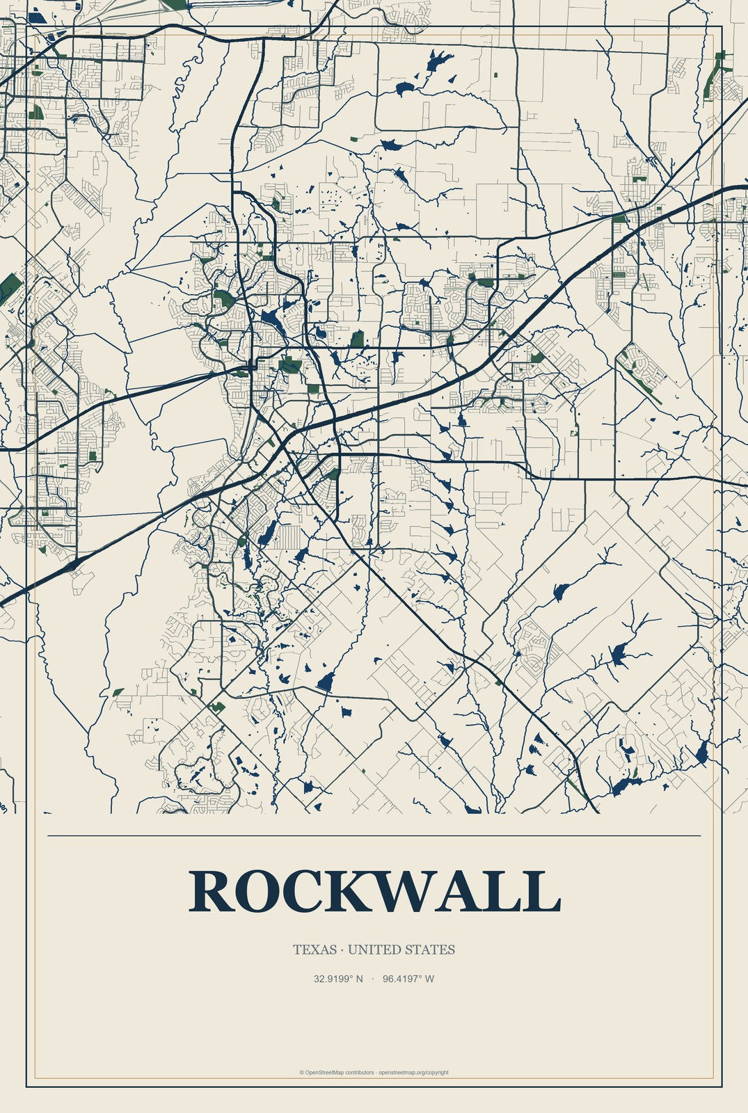 Rockwall, Texas City Map Aluminum Sign in Coastal Cutout style