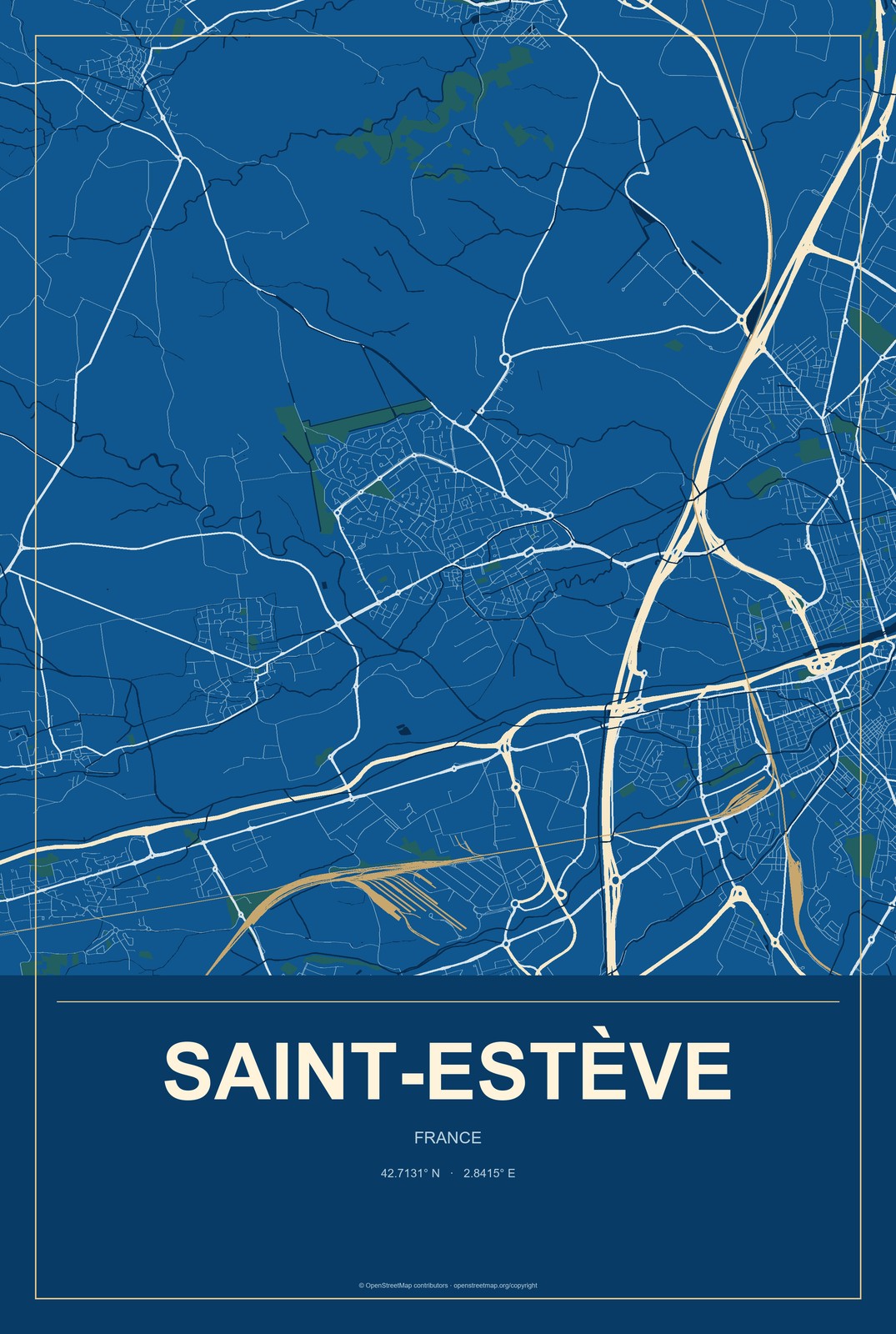 Saint-Estève, France City Map Aluminum Sign in Harbor Cobalt style