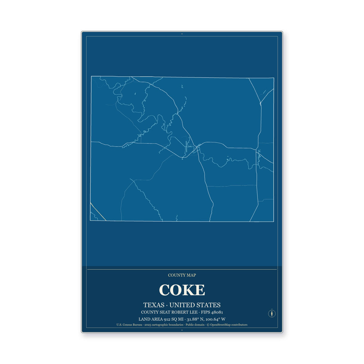 Coke County, Texas Map Aluminum Sign in Harbor Cobalt style